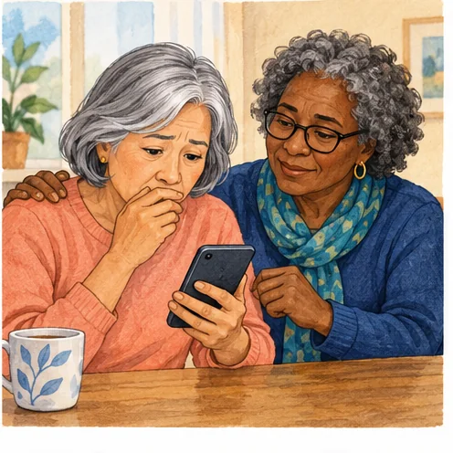 Two older women discuss a message on a phone