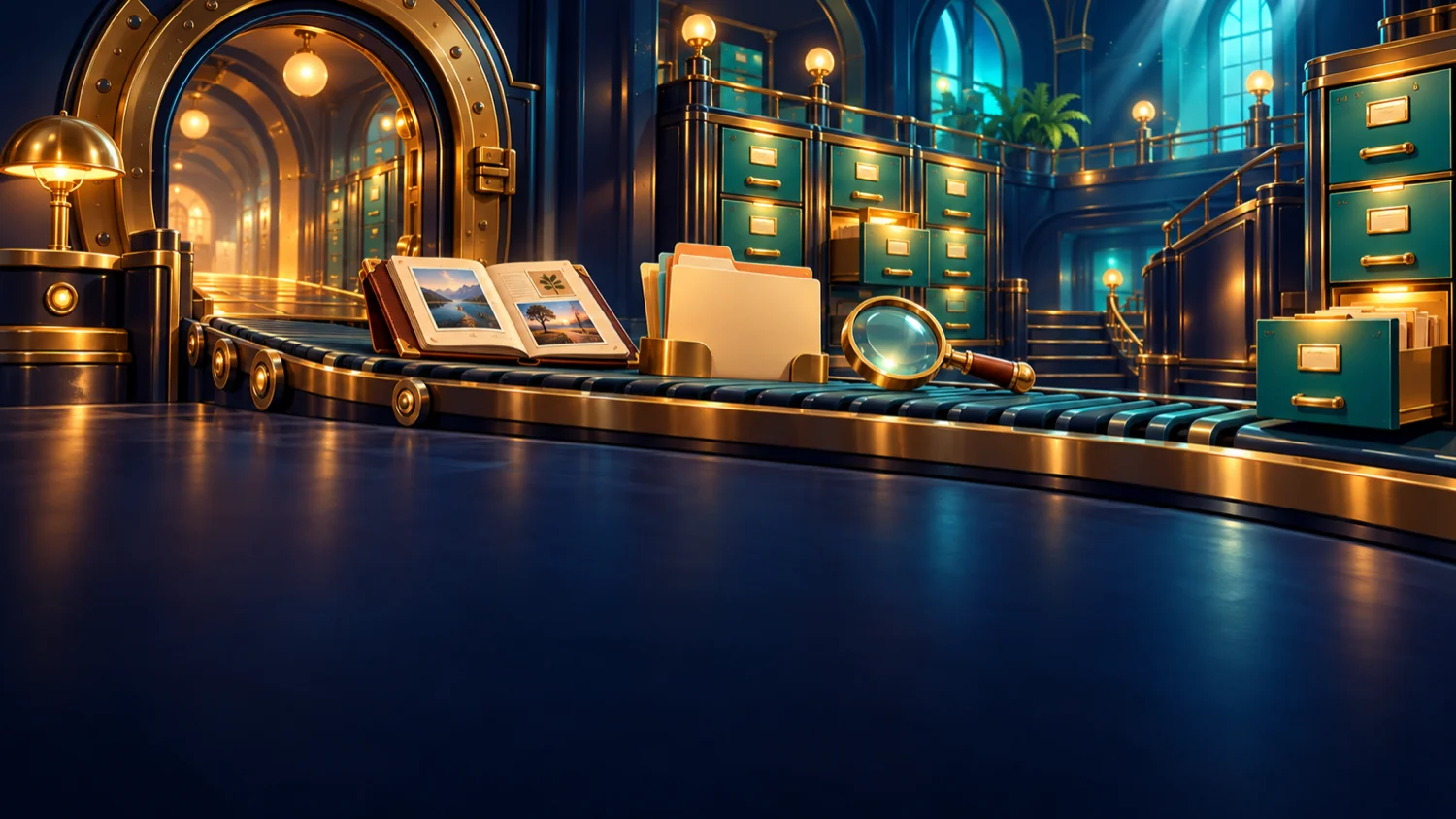 A glowing vault with folders, photographs, and a magnifying glass