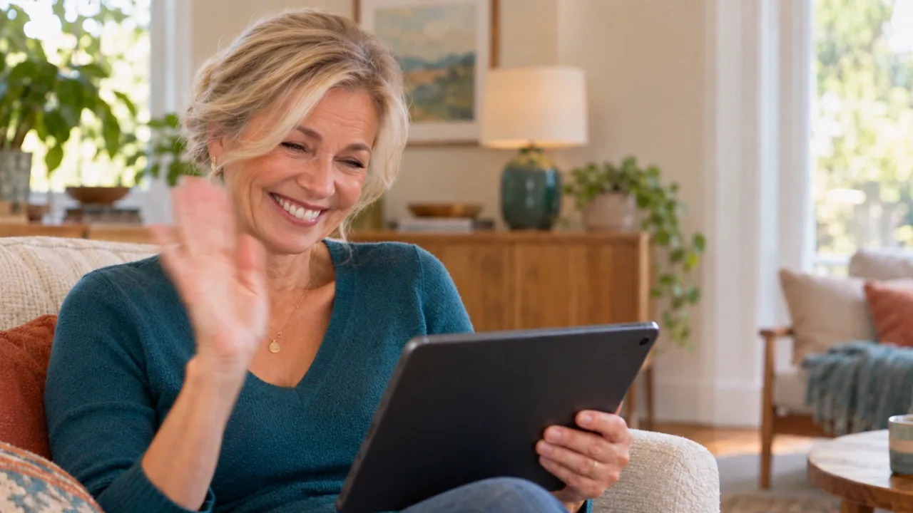 A woman smiles and waves while using her tablet to connect with family.