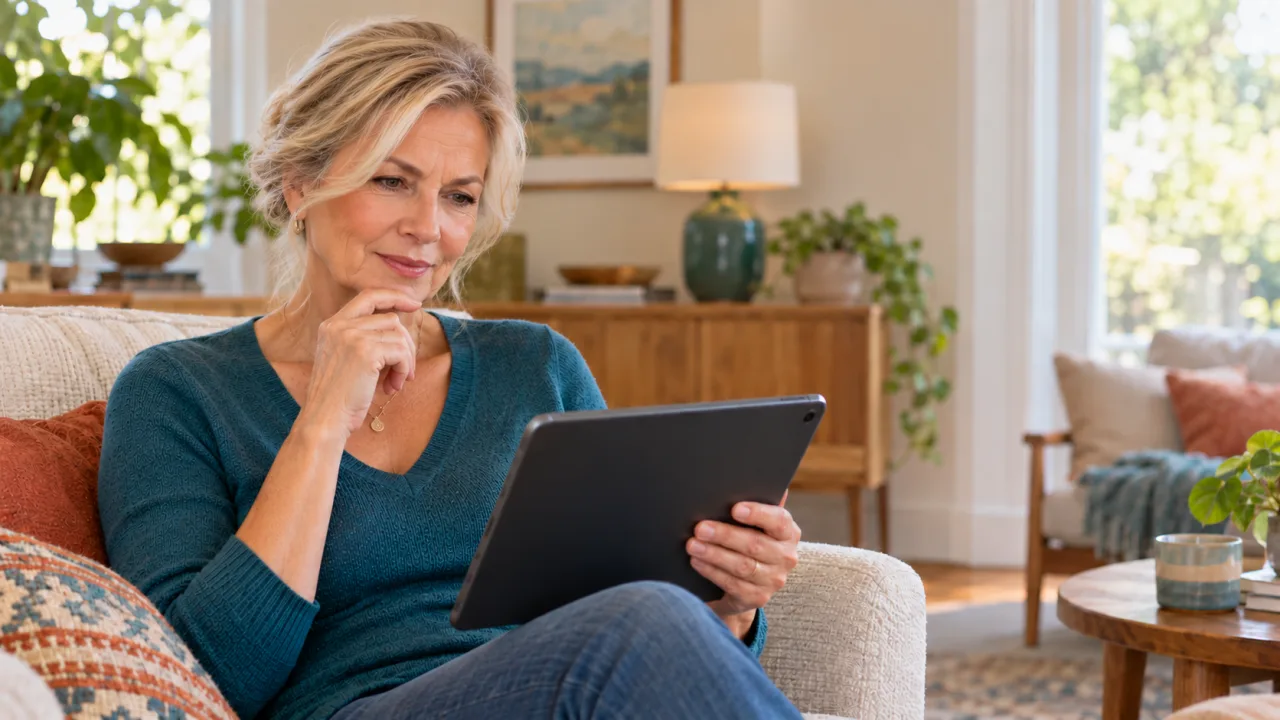 A woman briefly hesitates while navigating her tablet.